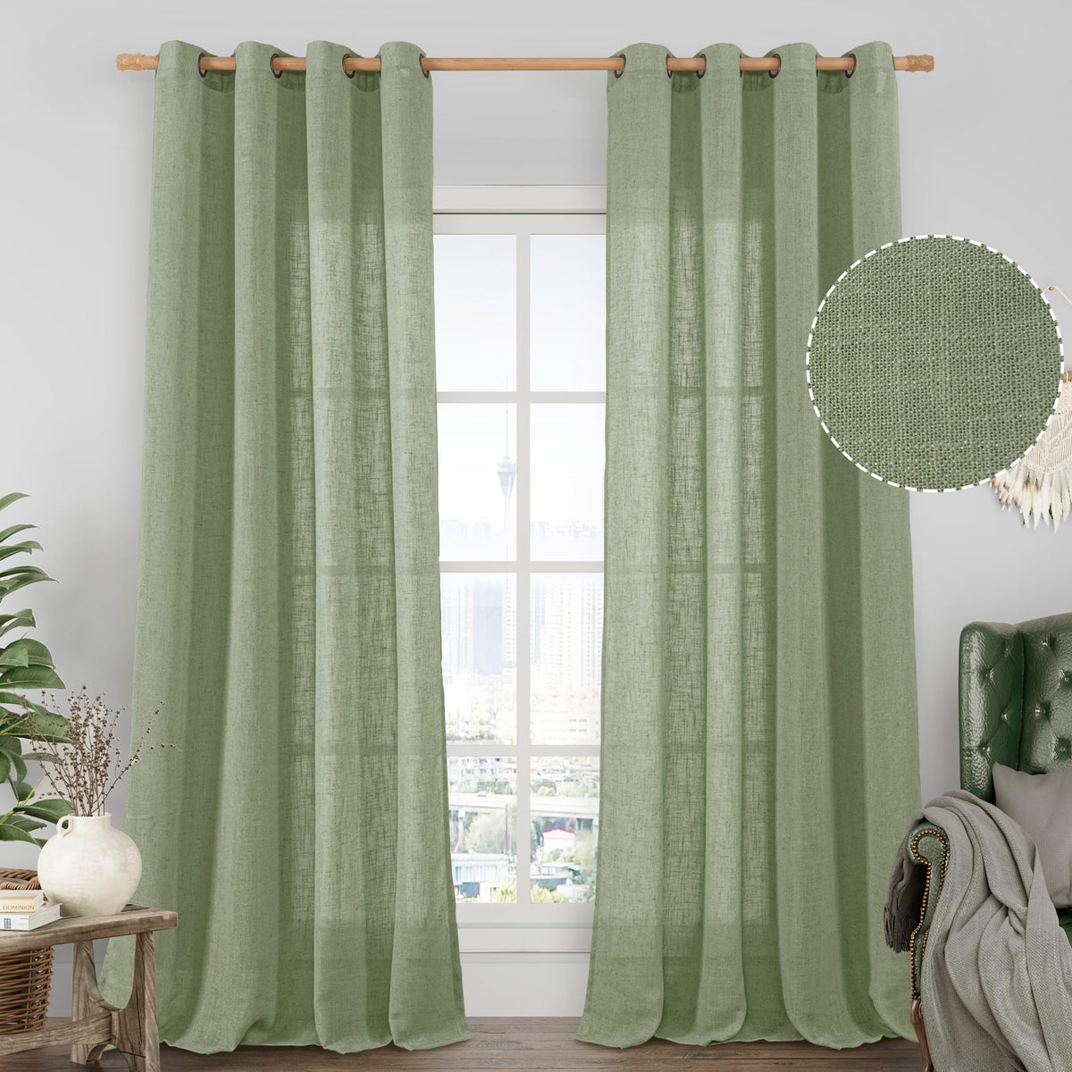 LAMIT Cream Ivory Linen Semi Sheer Curtains 84 inch Length for Bedroom