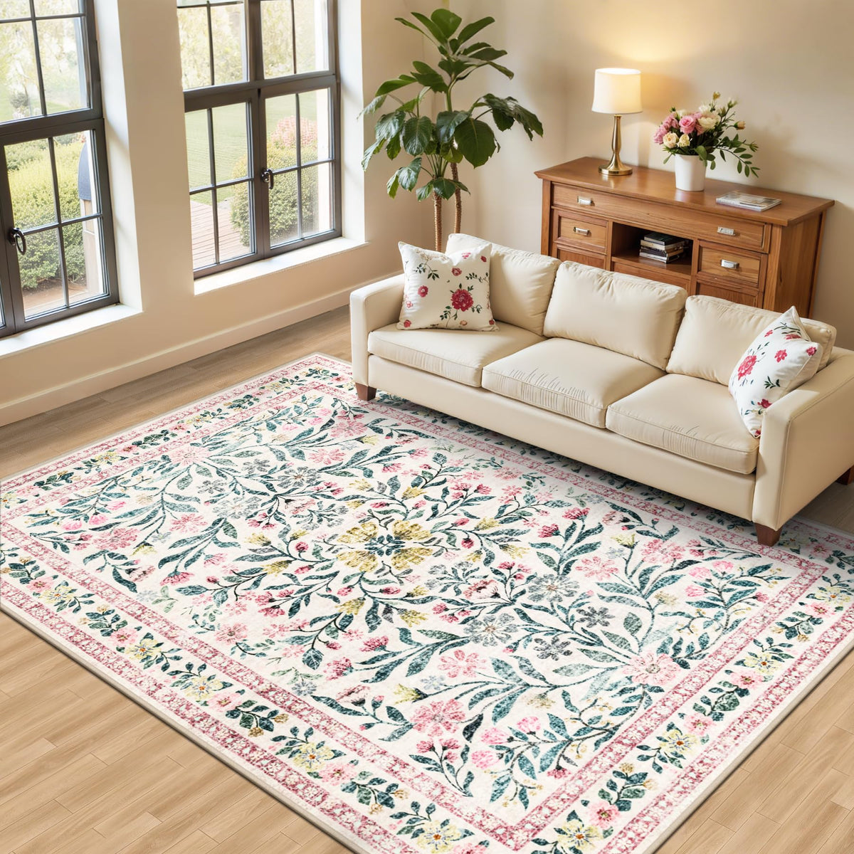 PLHXFR 8x10 Area Rug Living Room: Floral Washable Boho Carpet Dark Green