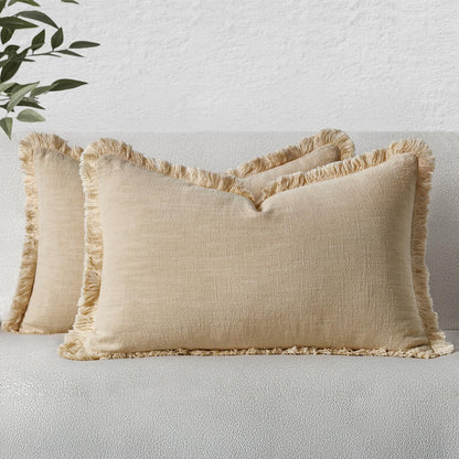 MIULEE Linen Fringe Decorative Fall Throw Pillow Covers Cocoa Brown 18x18
