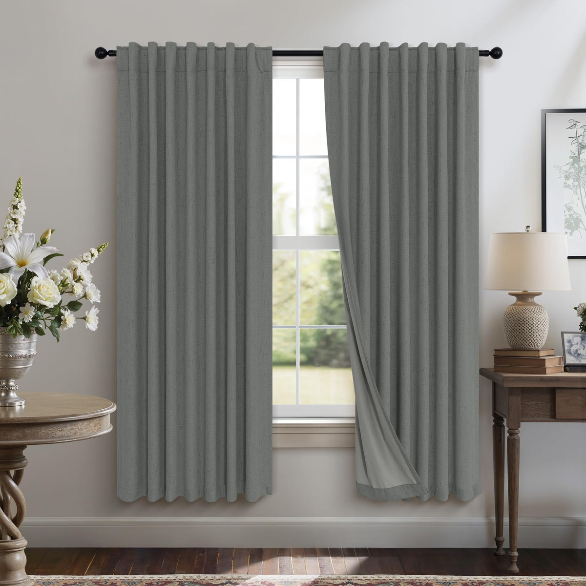 100% Blackout Curtains 84 Inch Length 2 Panels Set Neutral Boho Linen Farmhouse for Bedroom Windows Living Room Darkening Thermal Insulated Drapes Natural Cream Ivory 7ft Long Back Tab Pleated Pocket