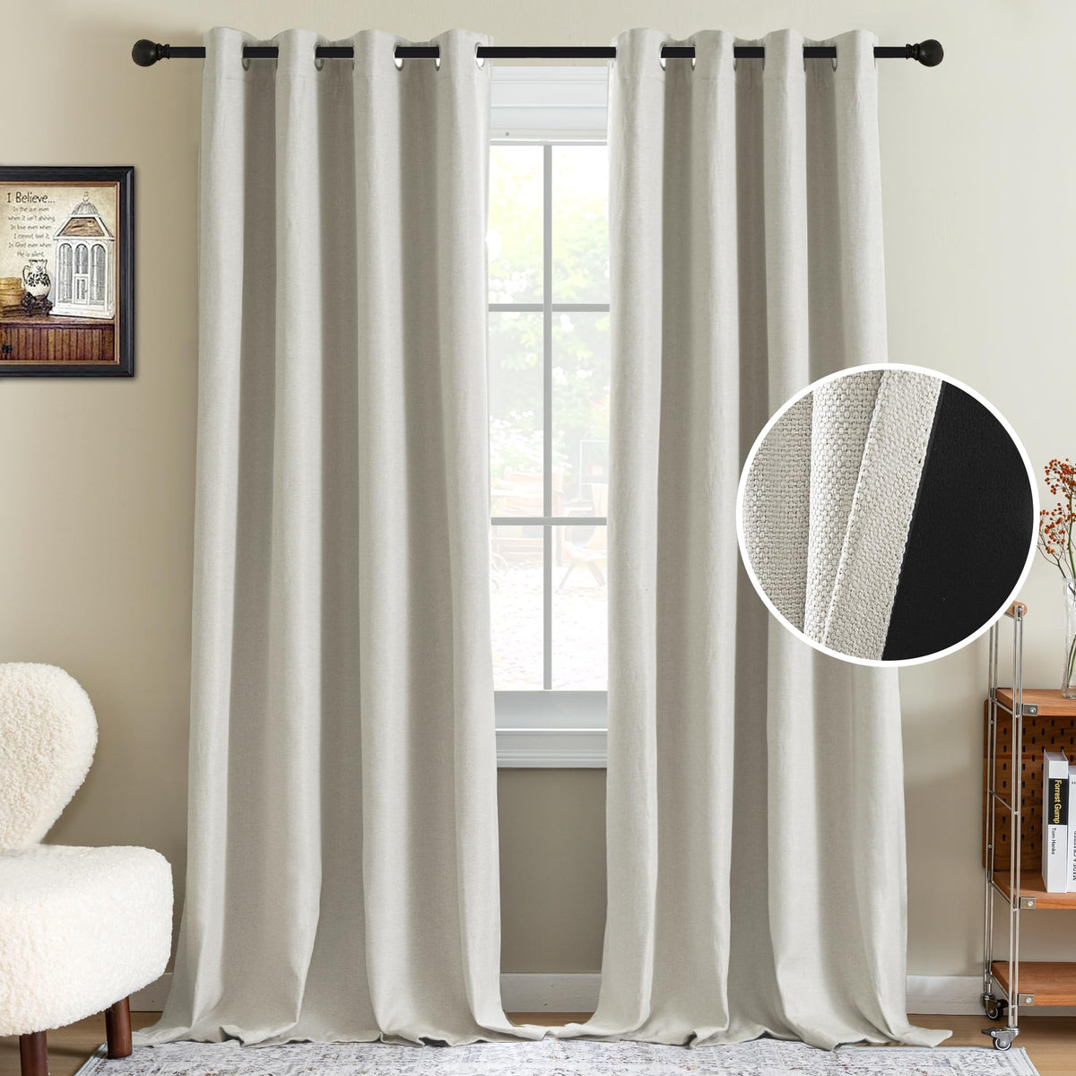 H.VERSAILTEX Linen Blackout Curtain 84 Inches Long for Bedroom/Living Room Thermal Insulated Grommet Linen Look Curtain Drapes Primitive Textured Burlap Effect Window Drapes 1 Panel - Heather Ivory