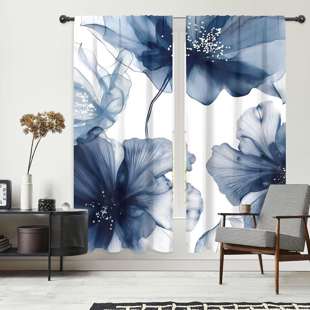 Navy Blue Floral Abstract Modern Dark Living Room Bedroom Window Curtains