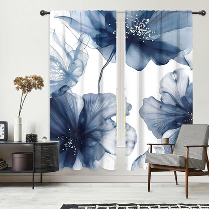 Navy Blue Floral Abstract Modern Dark Living Room Bedroom Window Curtains