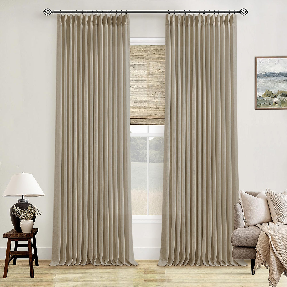 TWODRAPES Natural Pinch Pleated Linen Semi Sheer 84 Inch Curtains 2 Panels