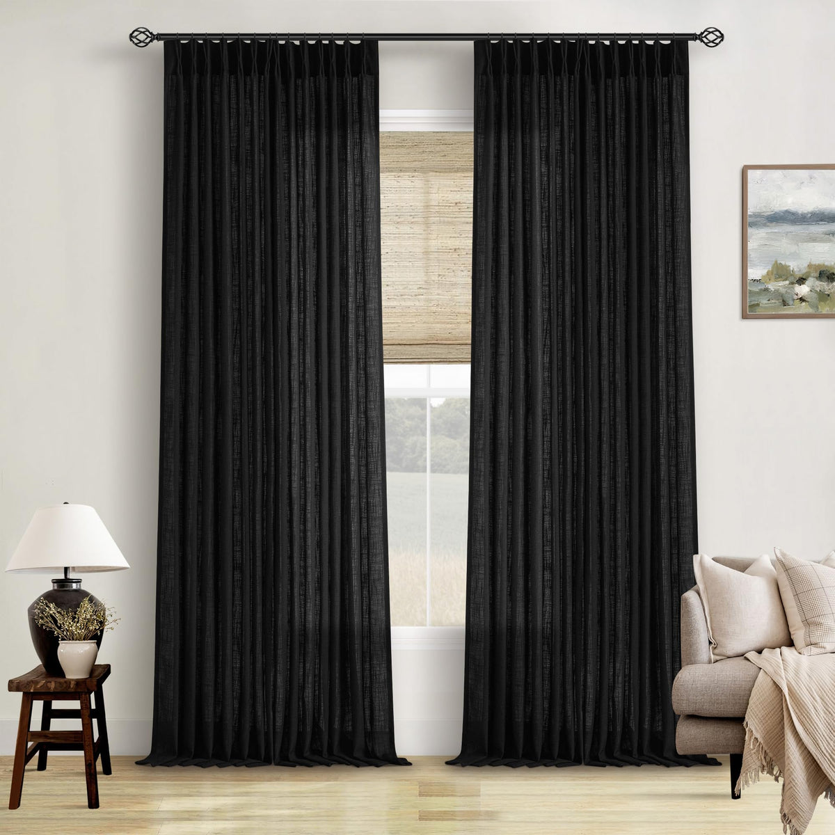 TWODRAPES Natural Pinch Pleated Linen Semi Sheer 84 Inch Curtains 2 Panels