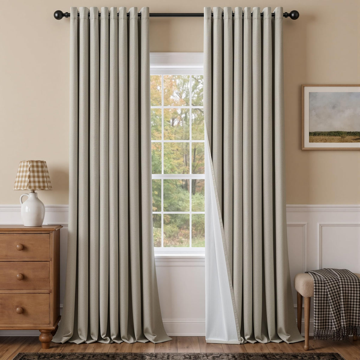 Natural Ivory 100% Blackout Grommet Linen Curtains 90 Inch Long 2 Panels
