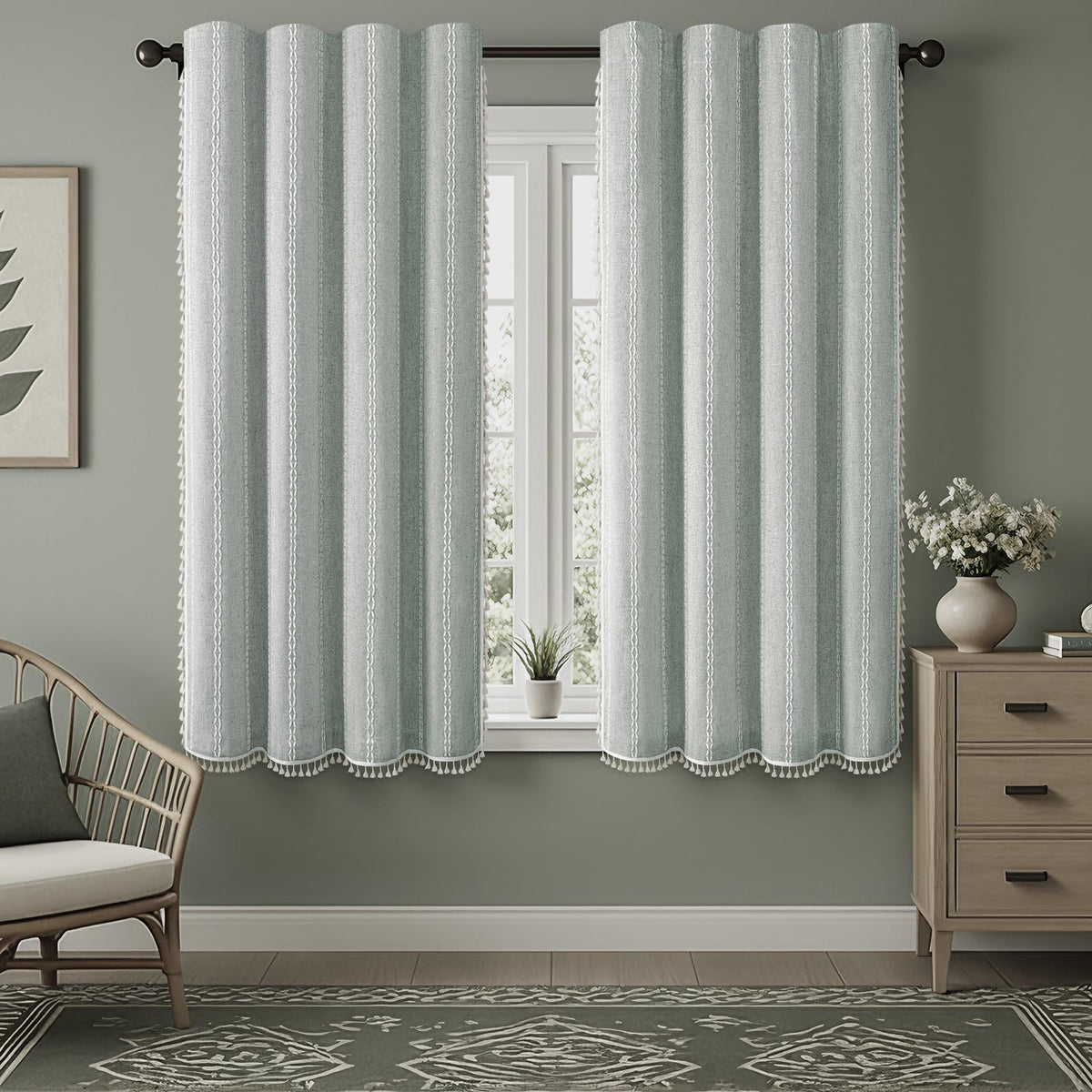 Boho 100% Blackout Curtains 84 Inch 2 Panels Linen Blend Beige