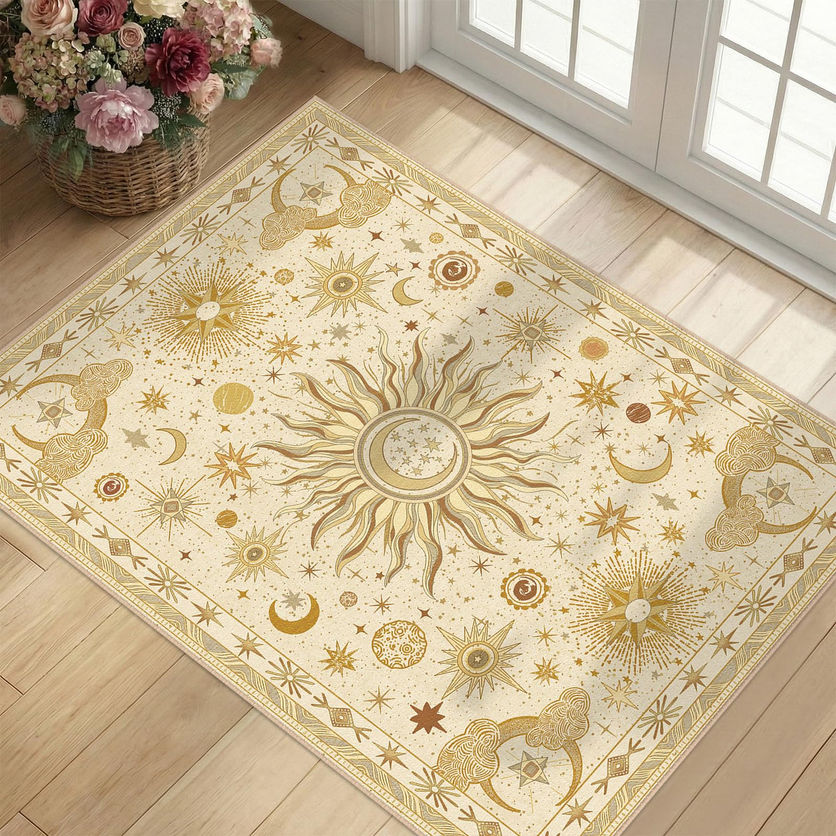 Vacuum-Friendly, 5x7 Washable Area Rug, Black Gold Beige Red