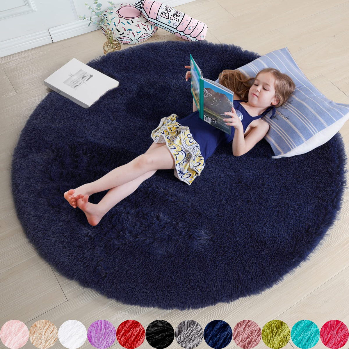 Amdrebio Pink Circle Round Fluffy Area Rug 4Ft for Girls Bedroom Kids Room