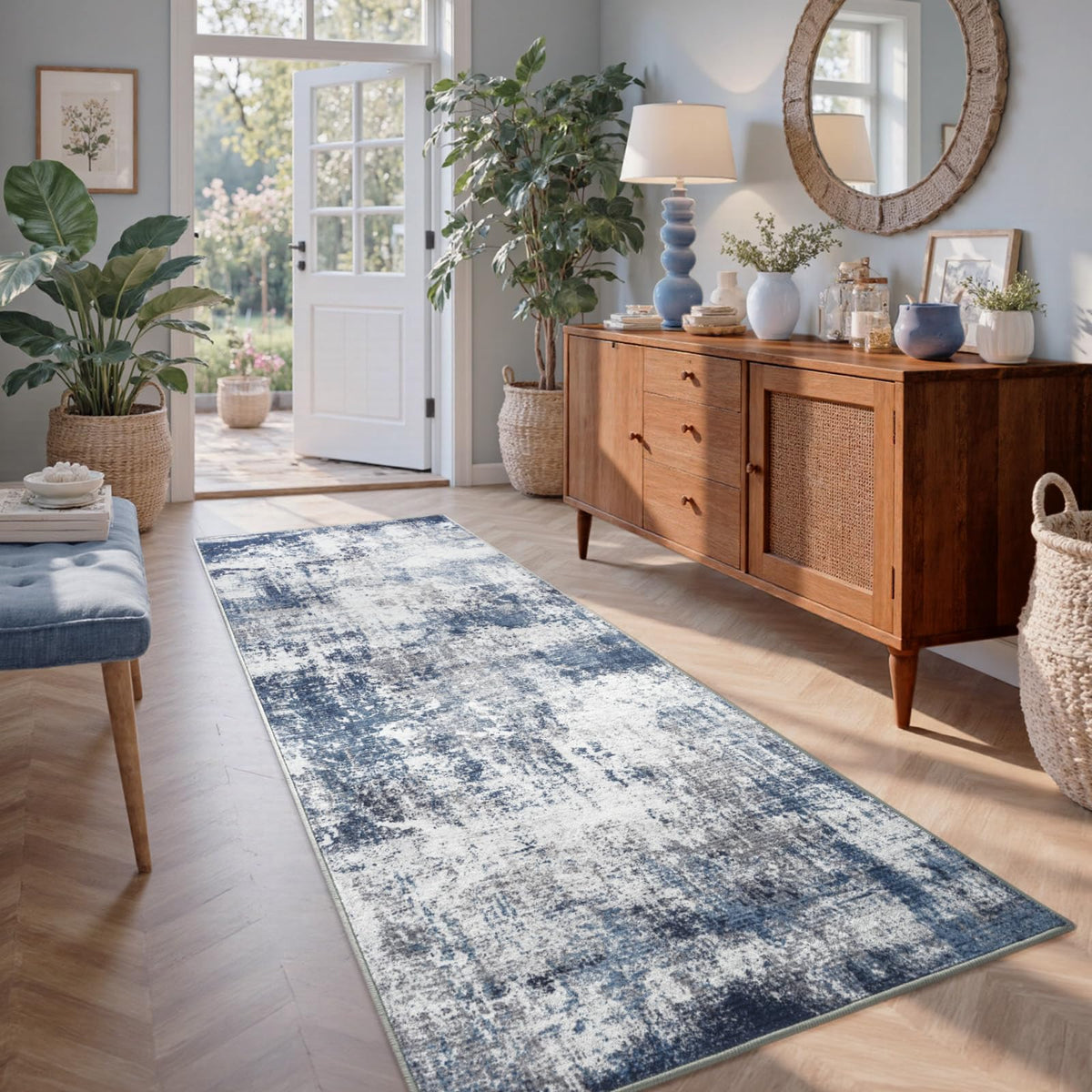 6x9 Ft Abstract Washable Area Rugs for Living Room Blue