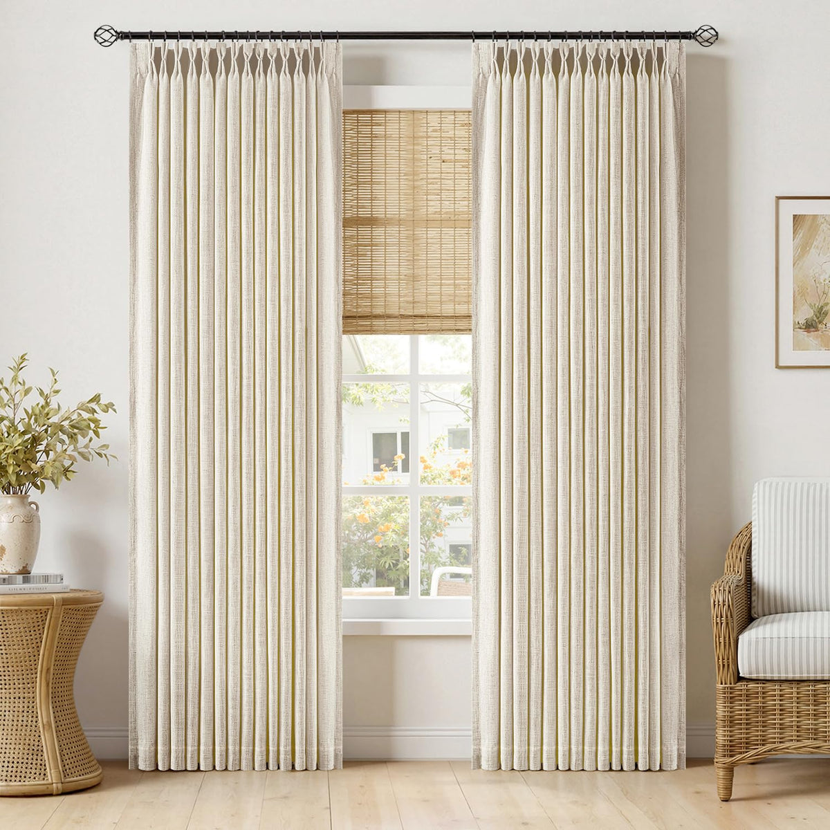 MIULEE Pinch Pleated Linen Curtains 90 Inches Long 2 Panels Natural