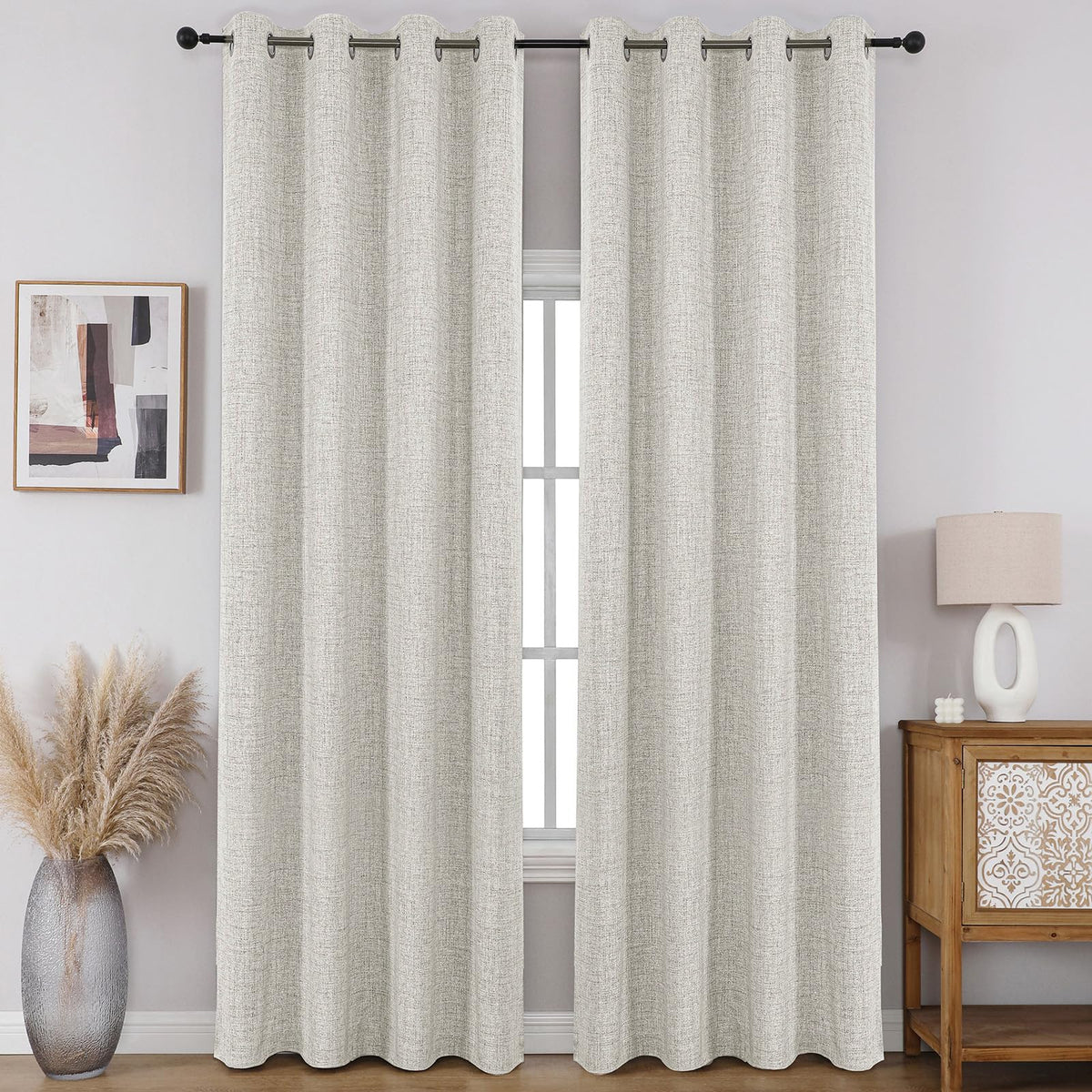 CUCRAF 100% Blackout Window Curtains 84 inches Long 2 Panels Set, Faux Linen Look Thermal Insulated Grommet Drapes, Room Darkening Curtain for Bedroom Living Room(W52 x L84 Inch, Light Khaki)