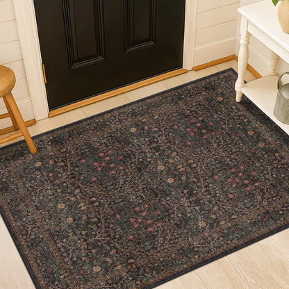 Floral Dark Green Washable Area Rugs 8x10, Vintage Living Room Rug