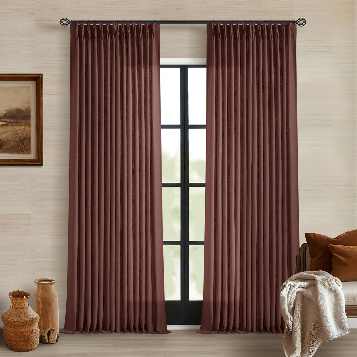 TWODRAPES Natural Pinch Pleated Linen Semi Sheer 84 Inch Curtains 2 Panels