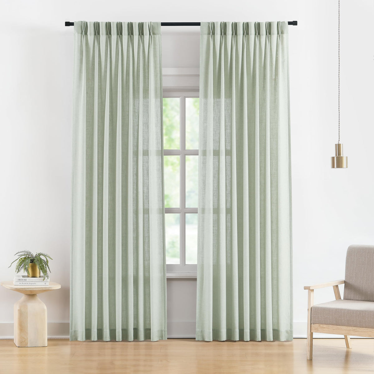 Vision Home Natural Linen Pinch Pleated Semi Sheer Curtains 42Wx90Lx2
