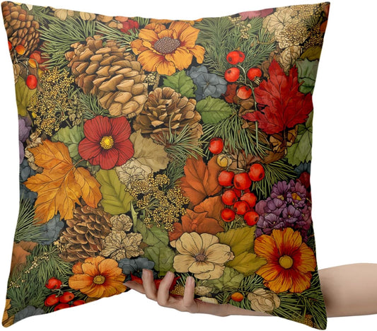 Fall Pillow Covers Autumn Leaf Throw Pillow Covers 18x18 Set of 2 Bohemian Floral Pillow Cases Thanksgiving Berry Pinecones Cushion Cases for Home Farmhouse Sofa Couch Patio