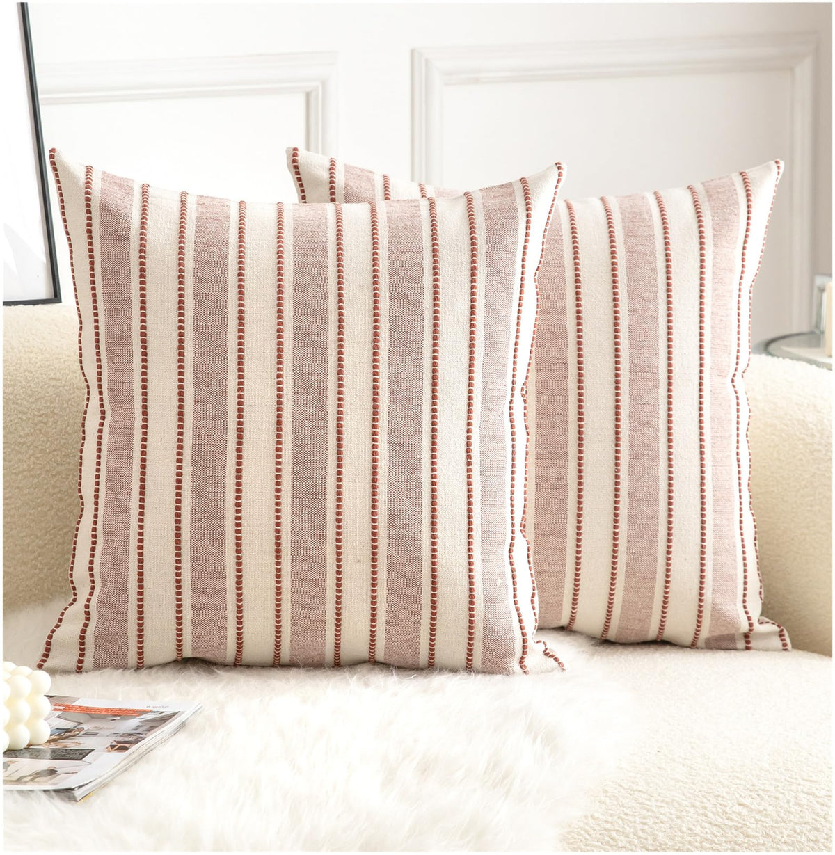Cethom Decorative Boho Throw Pillow Covers, Farmhouse Textured Pillow Case, 18 x 18 Inch Set of 2, Chair Sofa Bedroom Living Room Home Decor Couch Cushion Case, Classic Blue and Beige Striped