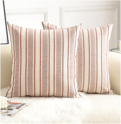 Cethom Decorative Boho Throw Pillow Covers, Farmhouse Textured Pillow Case, 18 x 18 Inch Set of 2, Chair Sofa Bedroom Living Room Home Decor Couch Cushion Case, Classic Blue and Beige Striped