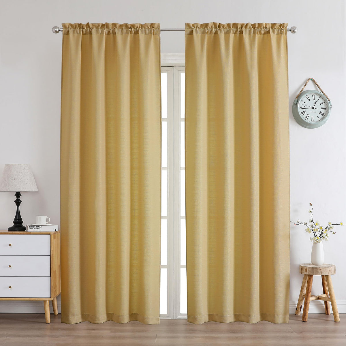 Chyhomenyc White Curtains 45 Inch Length 2 Panels, Faux Linen Textured