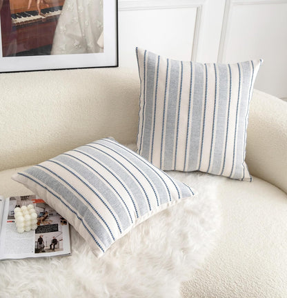 Cethom Decorative Boho Throw Pillow Covers, Farmhouse Textured Pillow Case, 18 x 18 Inch Set of 2, Chair Sofa Bedroom Living Room Home Decor Couch Cushion Case, Classic Blue and Beige Striped