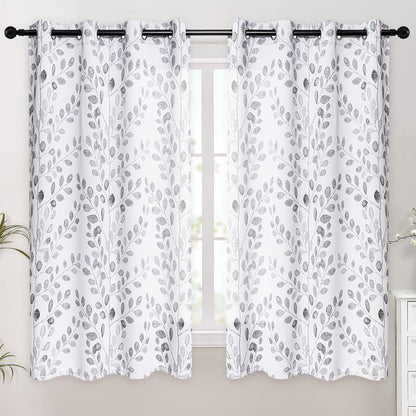 MYSKY HOME Grey Leaf Curtains 63 Inch Length for Bedroom Grommet 2 Panels