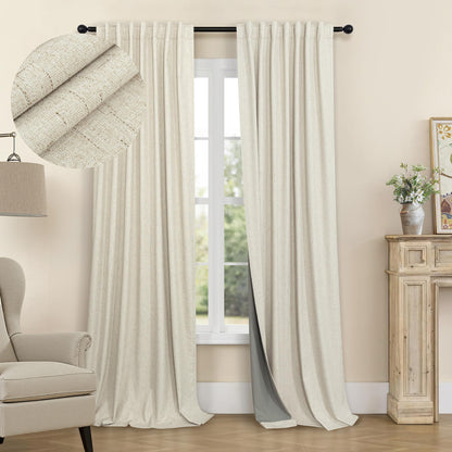 100% Blackout Curtains 84 Inch Length 2 Panels Set Neutral Boho Linen Farmhouse for Bedroom Windows Living Room Darkening Thermal Insulated Drapes Natural Cream Ivory 7ft Long Back Tab Pleated Pocket