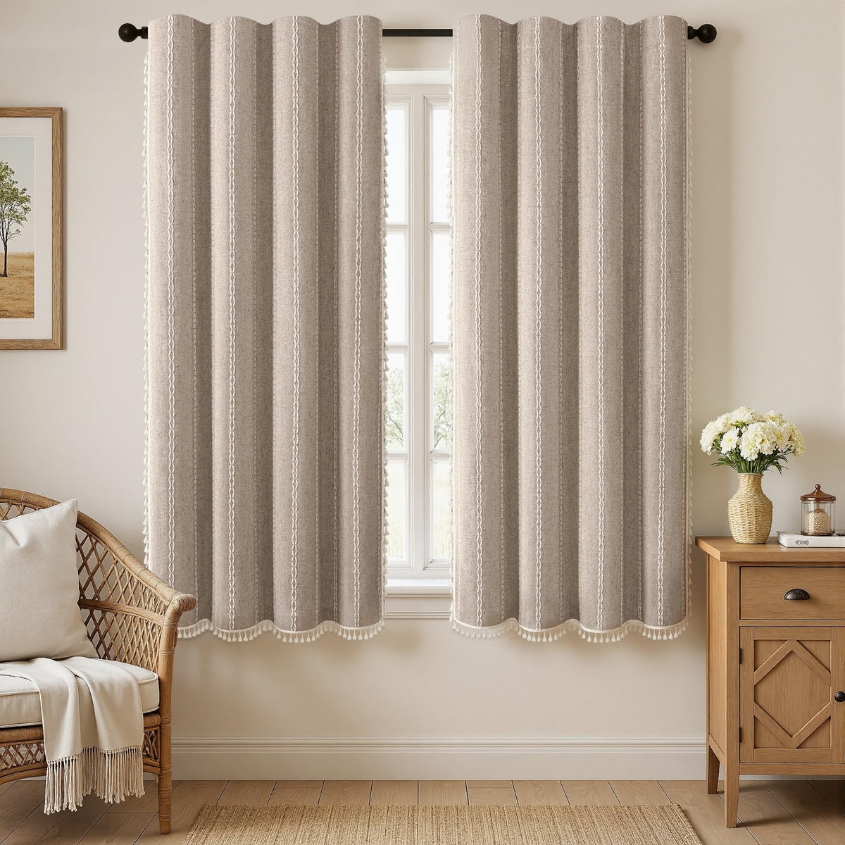 Boho 100% Blackout Curtains 84 Inch 2 Panels Linen Blend Beige