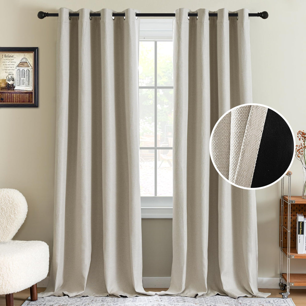 H.VERSAILTEX Linen Blackout Curtain 84 Inches Long for Bedroom/Living Room Thermal Insulated Grommet Linen Look Curtain Drapes Primitive Textured Burlap Effect Window Drapes 1 Panel - Heather Ivory