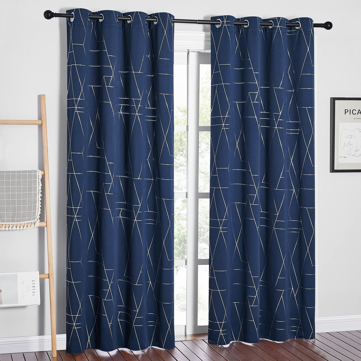 NICETOWN Grey Blackout Striped Pattern Curtains for Living Room, 52 x 84