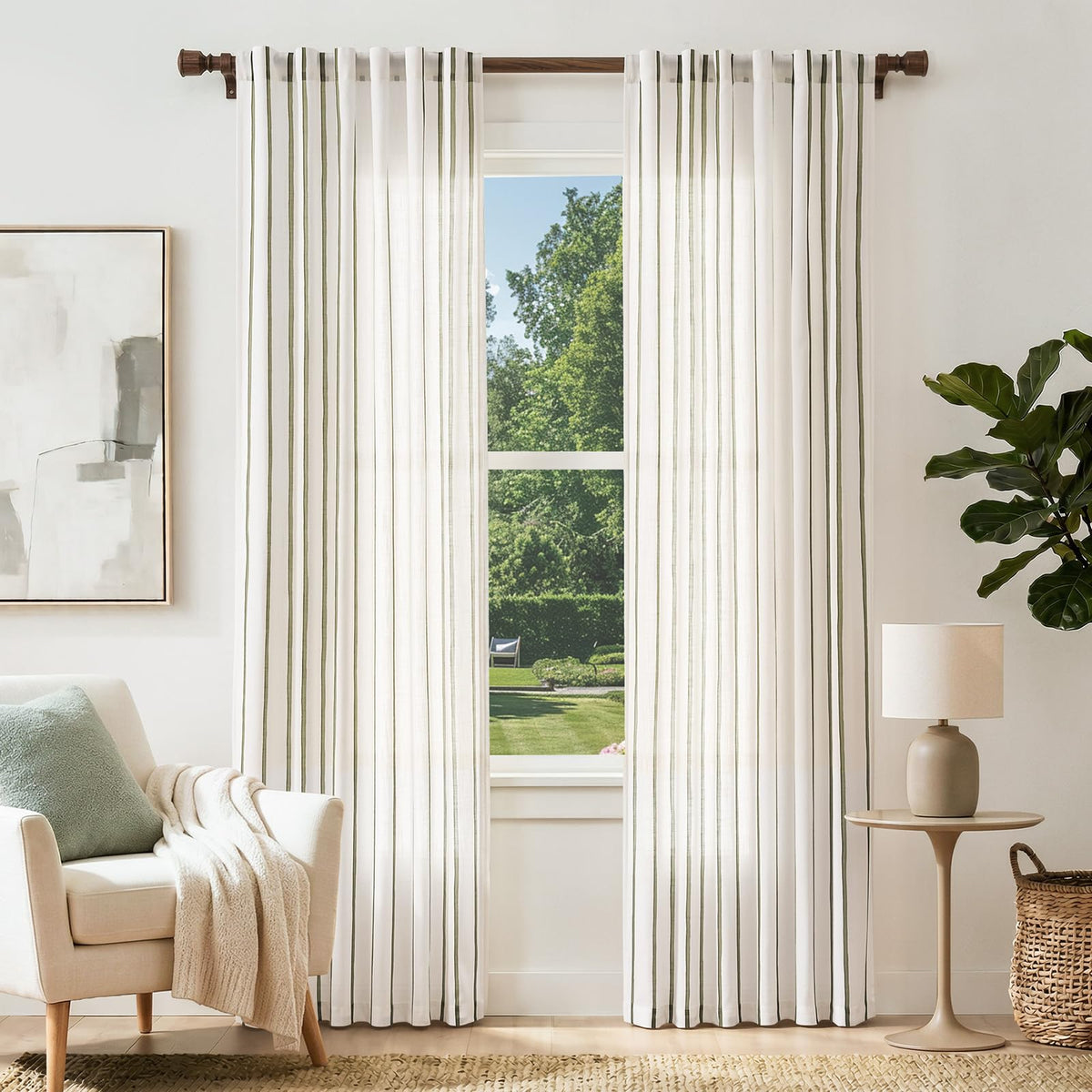 Vangao Linen Curtains for Living Room, Striped Blue Curtains 84L, 2 Panels
