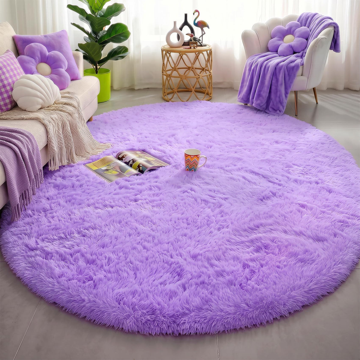 Amdrebio Pink Circle Round Fluffy Area Rug 4Ft for Girls Bedroom Kids Room