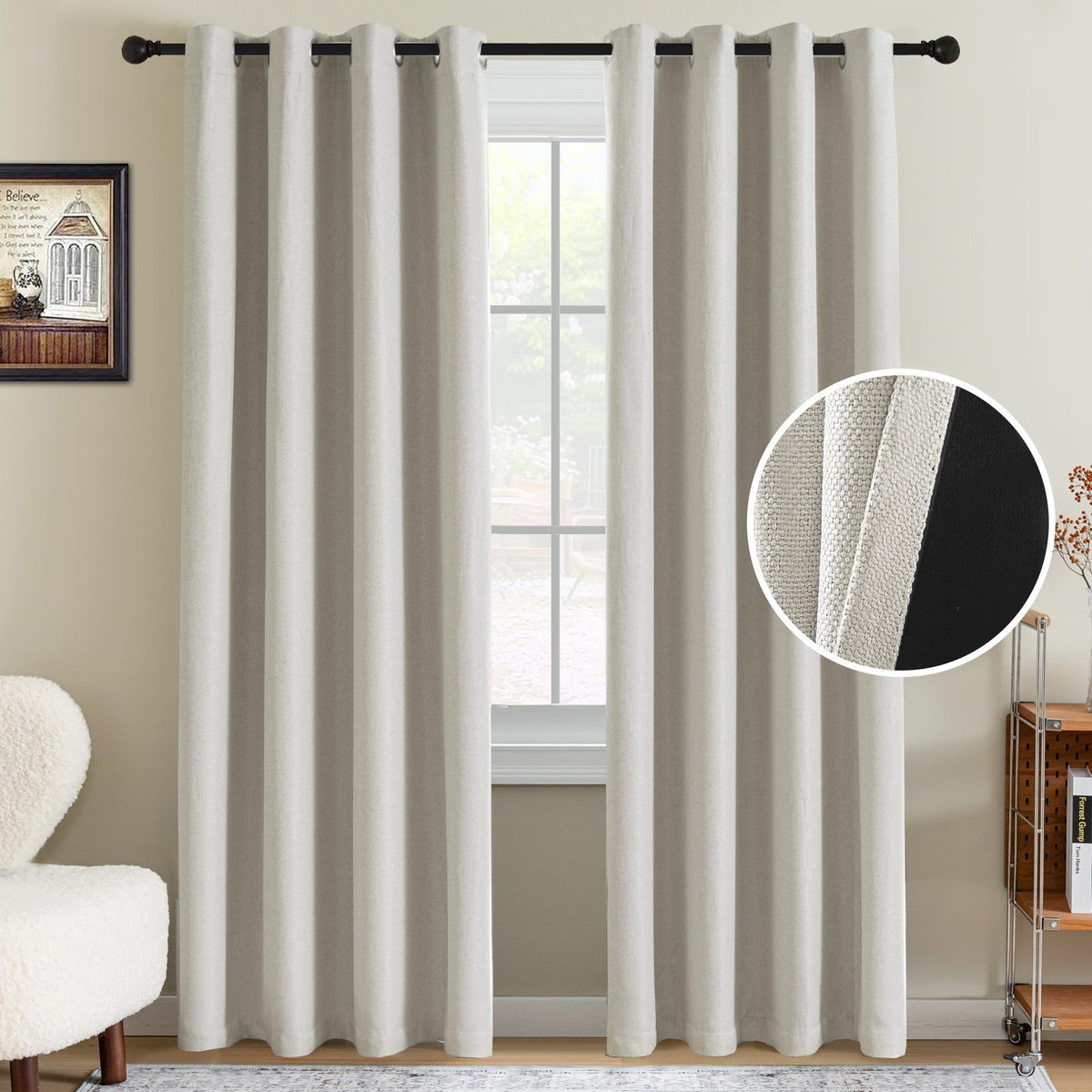 H.VERSAILTEX Linen Blackout Curtain 84 Inches Long for Bedroom/Living Room Thermal Insulated Grommet Linen Look Curtain Drapes Primitive Textured Burlap Effect Window Drapes 1 Panel - Heather Ivory