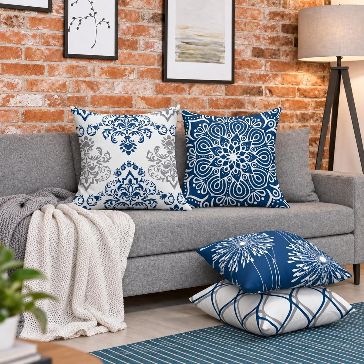 Coliuso Decorative Throw Pillow Covers 18x18 Set of 4, Blue Modern Simple Square Pillow Case Cushion Cover for Sofa Couch Farmhouse Outdoor Living Room (Blue, 18"x18")