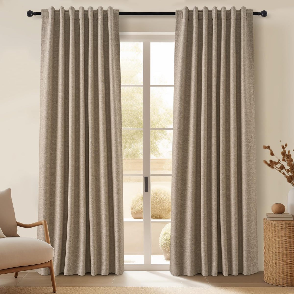Topfinel Cream Ivory Blackout Curtains & Drapes 84 Inch Length, Beige Pinch Pleat Full Blackout Flax Linen Tab Top Soundproof Curtains with Hooks Rings for Bedroom Living Room Track 2 Panels Set