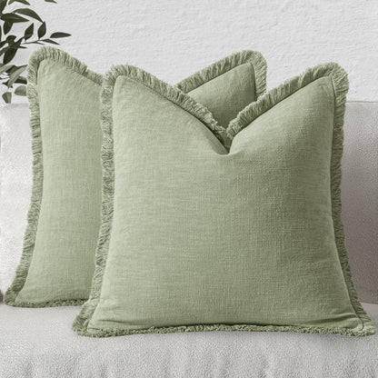 MIULEE Linen Fringe Decorative Fall Throw Pillow Covers Cocoa Brown 18x18