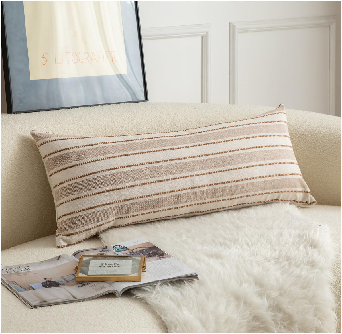 Cethom Decorative Boho Throw Pillow Covers, Farmhouse Textured Pillow Case, 18 x 18 Inch Set of 2, Chair Sofa Bedroom Living Room Home Decor Couch Cushion Case, Classic Blue and Beige Striped