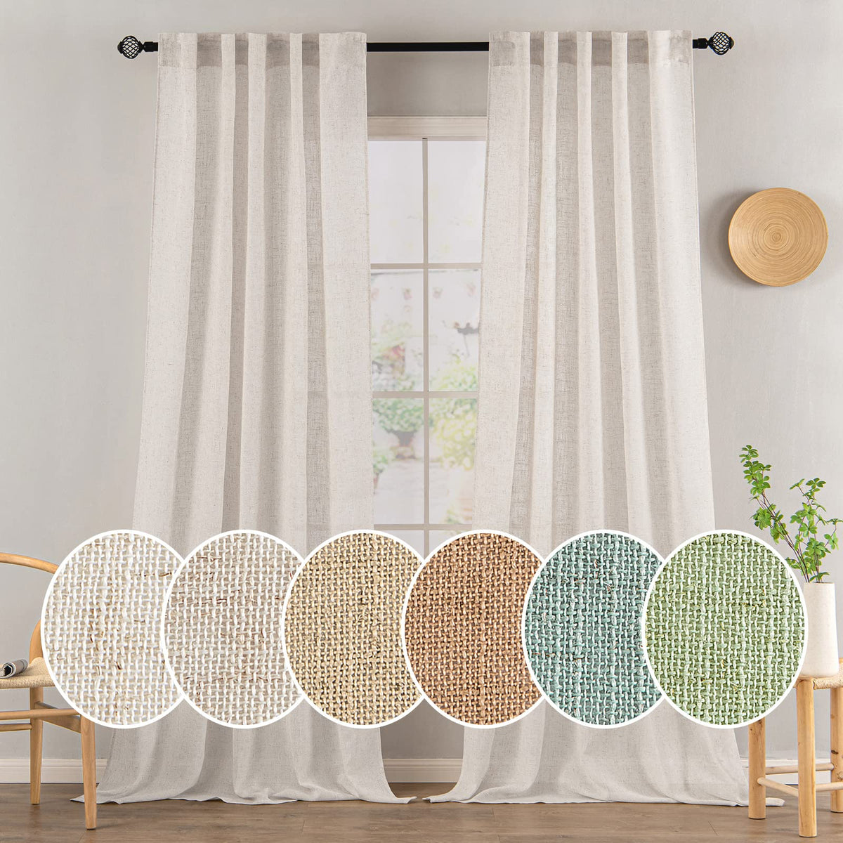 MIULEE Natural White Linen Curtains 52x84 Inch Long for Bedroom Living Room