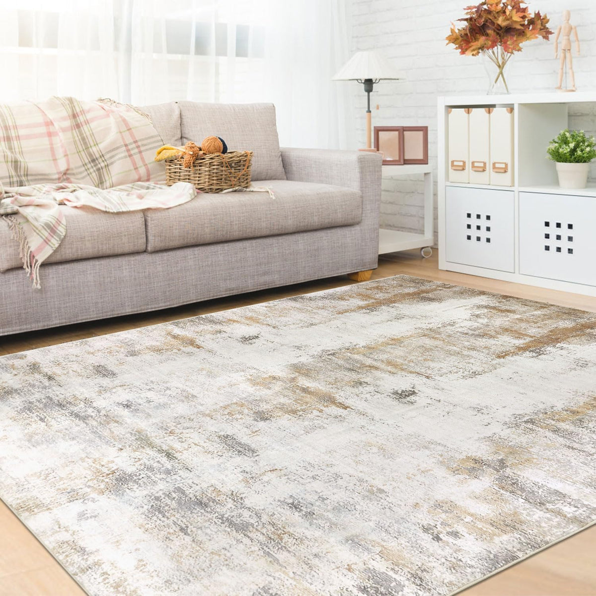 famibay 5x8 Area Rug, Abstract Washable Rugs for Living Room Low Pile Neutral Area Rug for Bedroom Aesthetic Non Slip Rubber Backed Carpet Rugs for Living Room Bedroom Dining Room(Beige/Camel)