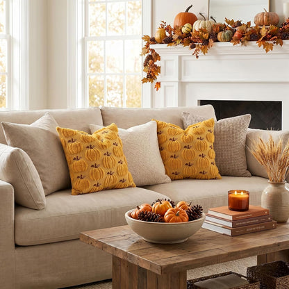 Artscope Fall Pumpkin Throw Pillow Covers 18x18 Set of 2, Autumn Soft Plush Faux Fur Decoration Cushion Covers for Thanksgiving Holiday Couch Sofa Bedroom Home Decor-Mustard Yellow