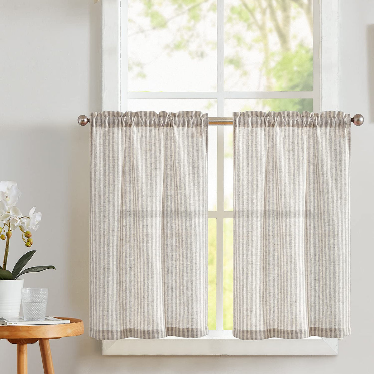 Vangao Linen Curtains for Living Room, Striped Blue Curtains 84L, 2 Panels