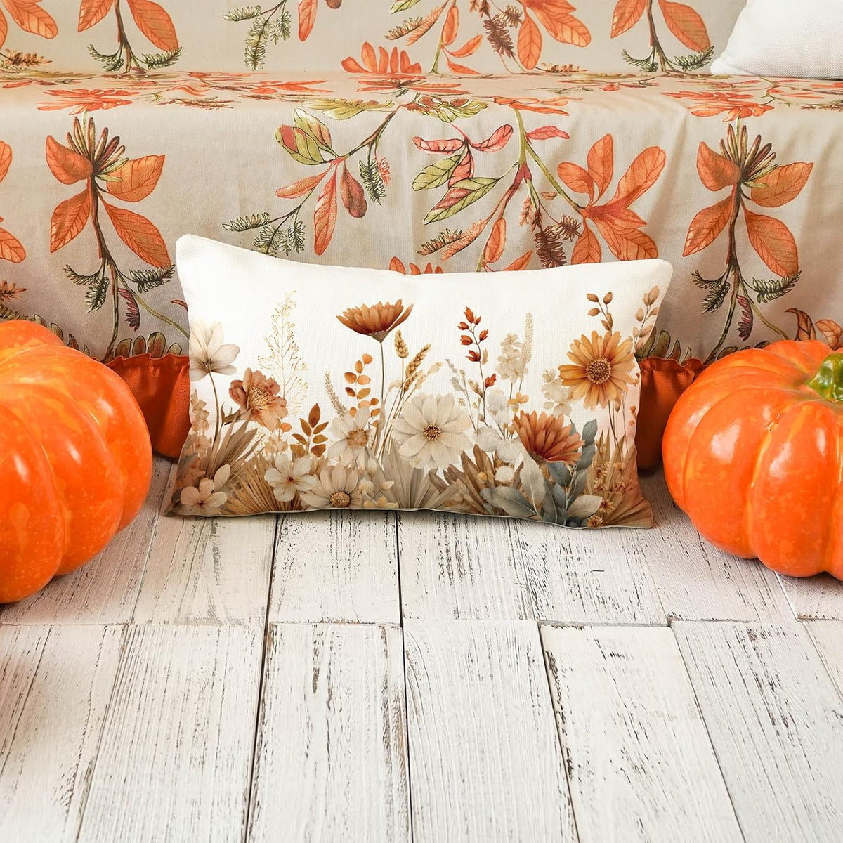 ONWAY Fall Floral Pillow Covers 12x20 Set of 2 Farmhouse Orange Decorative
