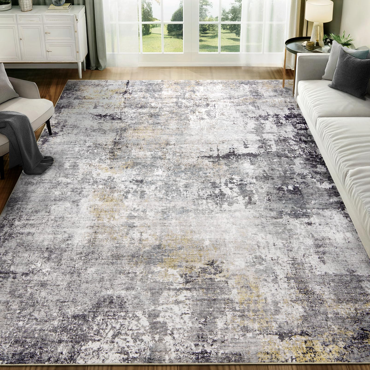 Washable Area Rug for Living Room: 9x12 Modern Abstract Neutral Soft Rug for Bedroom Dining Room No Slip Low Pile Carpet for Nursery Home Office - Grey/Blue