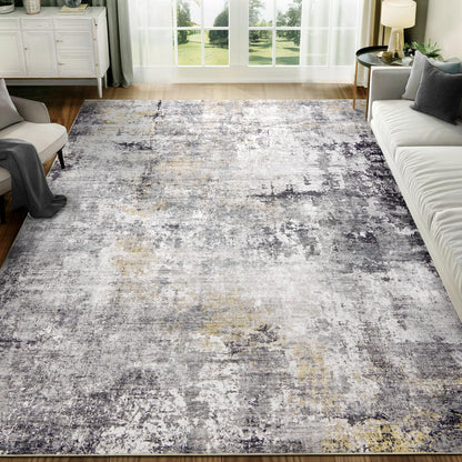 Washable Area Rug for Living Room: 9x12 Modern Abstract Neutral Soft Rug for Bedroom Dining Room No Slip Low Pile Carpet for Nursery Home Office - Grey/Blue