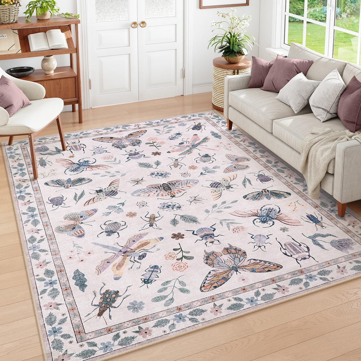 Lahome Bug Washable Area Rugs 5x7, Soft Green Rug for Living Room Bedroom