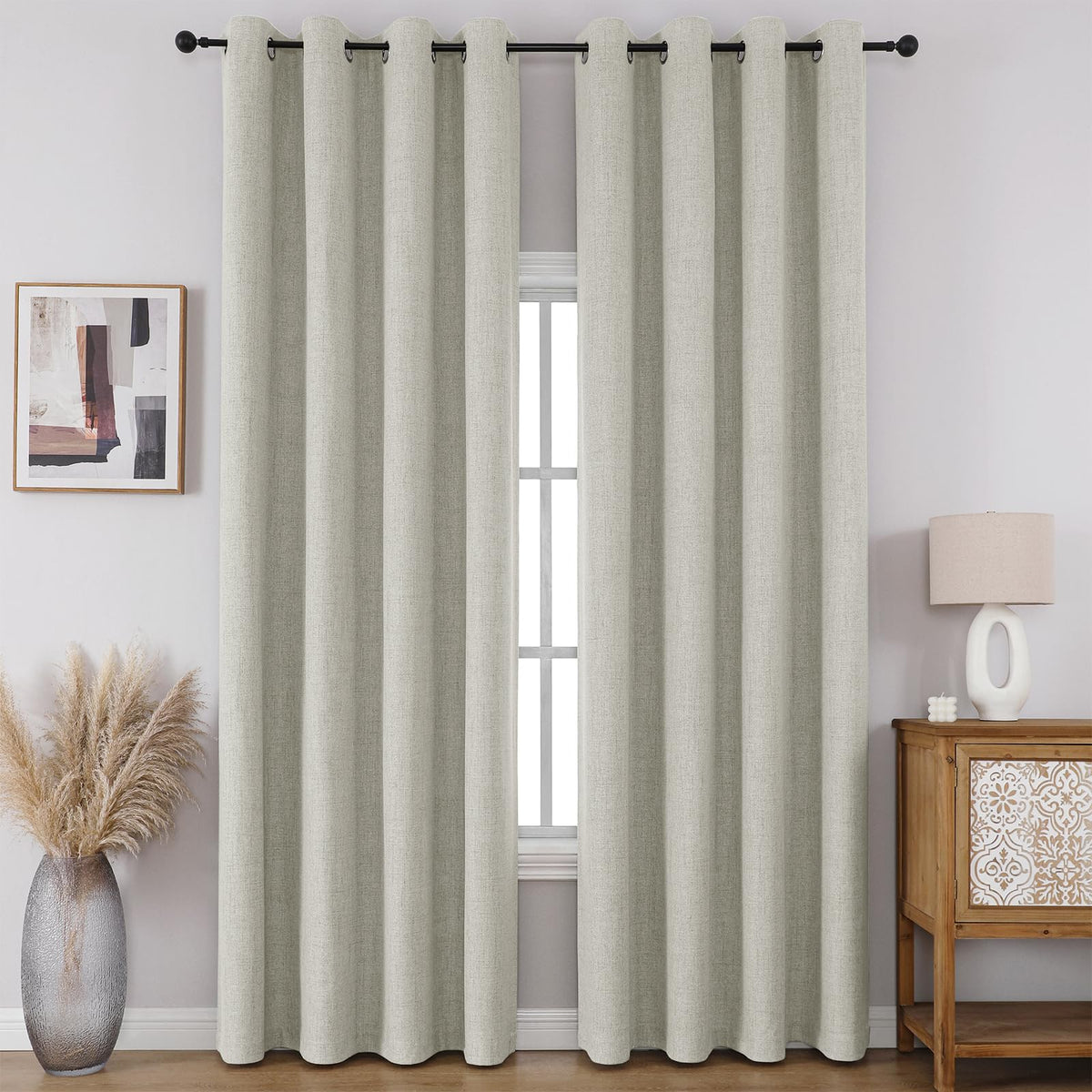 CUCRAF 100% Blackout Window Curtains 84 inches Long 2 Panels Set, Faux Linen Look Thermal Insulated Grommet Drapes, Room Darkening Curtain for Bedroom Living Room(W52 x L84 Inch, Light Khaki)