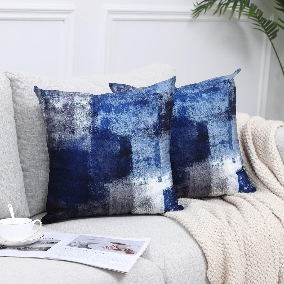 Blue and Grey Abstract Art Artwork Pillow Cover, Gallery Modern Decorative Throw Pillows Cushion Cover for Bedroom Sofa Living Room 18 x 18 Inch Set of 2