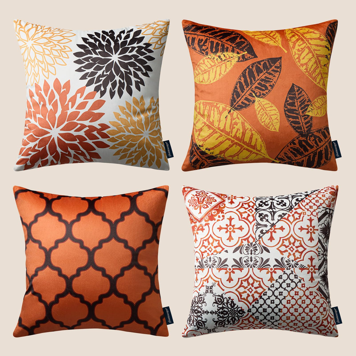 Phantoscope Set of 4 New Living Series Fall Leaf Geometric Coffee Throw Decorative Pillow Cover Cushion Cover 18 x 18 inches 45 x 45 cm
