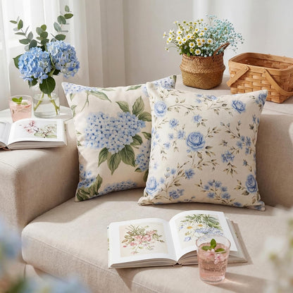 Tudomro Set of 4 Hydrangea Floral Pillow Covers 18 x 18 Inches