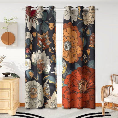 Tyrot Black Boho Floral Grommet Blackout Curtains, 52W x 84L, 2 Panels