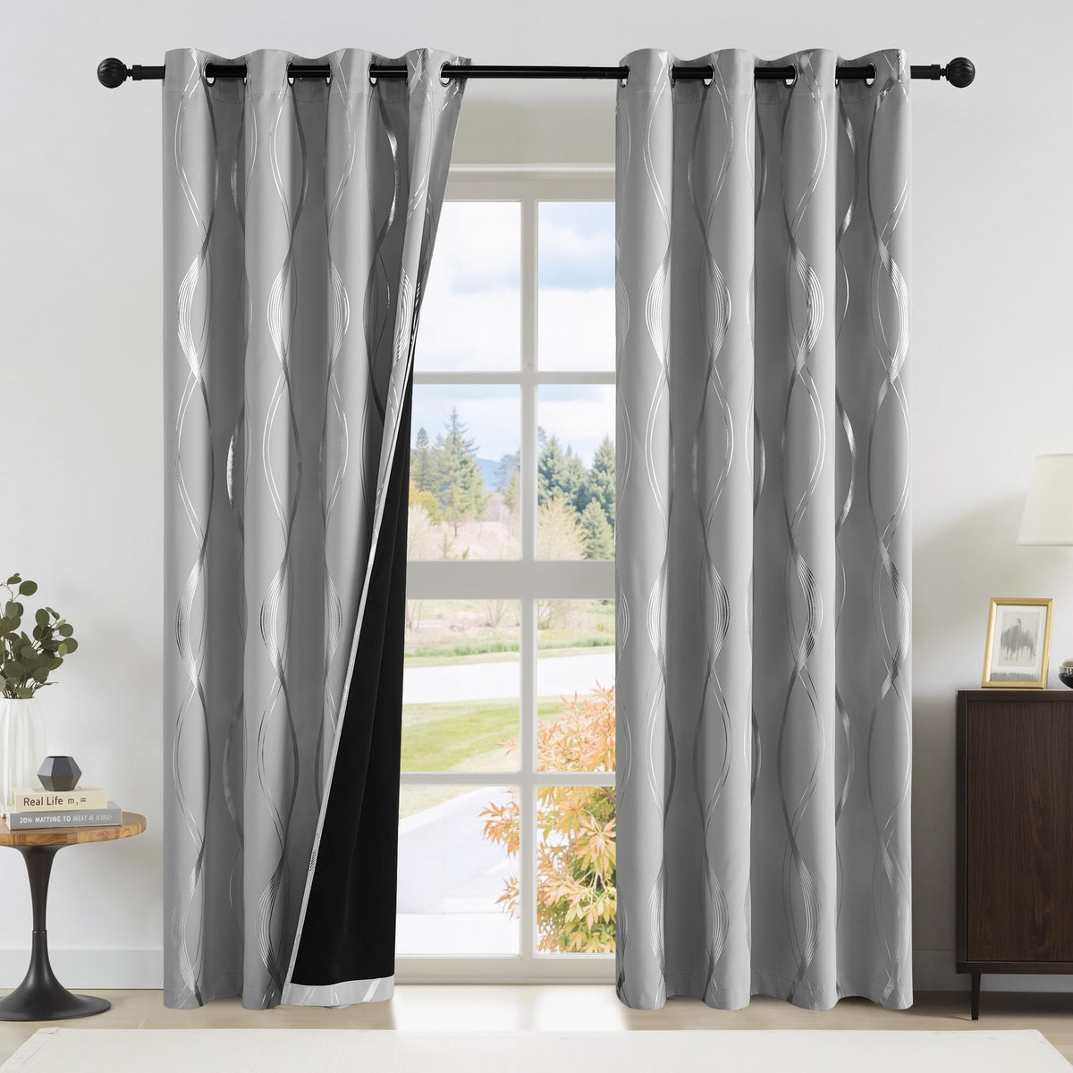 NICETOWN Grey Blackout Striped Pattern Curtains for Living Room, 52 x 84